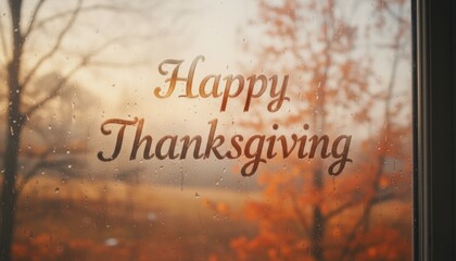 Thanksgiving message written on foggy window with blurred autumn trees and falling leaves outside