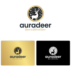 Modern Winter Deer Logo with Snowflakes and Golden Circle for Premium Brands