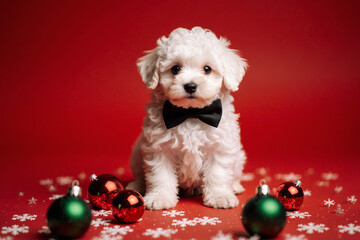 Charming white puppy in a dapper bow tie, nestled among festive holiday ornaments and sparkling snowflakes on a red background