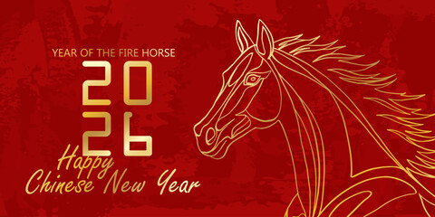 2026 Chinese New Year of the Red Fire Horse Banner Template with Modern Line Art Golden Horse on Red Background. Design Happy Holidays Greeting Card and Invitation of Chines Happy New Year