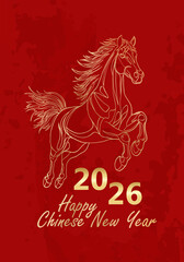 2026 Chinese New Year of the Red Fire Horse Banner Template with Modern Line Art Golden Horse on Red Background. Design Happy Holidays Greeting Card and Invitation of Chines Happy New Year