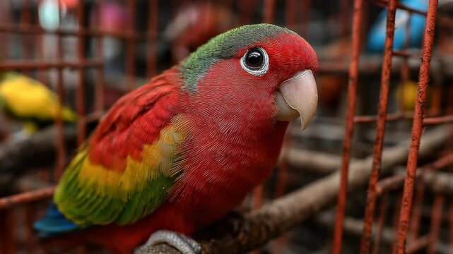 Colorful parrot perched on branch inside a cage at a bird market in the afternoon sun in vibrant local surroundings