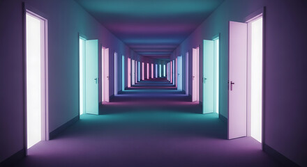 Endless hallway with open doors illuminated in vibrant neon colors creating a surreal perspective