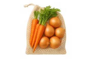 Reusable mesh bag holding fresh organic carrots and onions, promoting sustainable shopping and zero waste lifestyle, transparent background