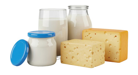 Isolated dairy products assortment includes milk, yogurt, cheese. High quality food
