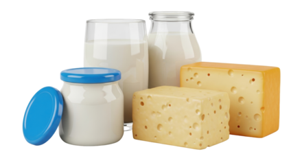 Isolated dairy products assortment includes milk, yogurt, cheese. High quality food