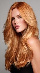 Woman with glowing skin and beautiful long red hair flowing over her bare shoulder, showcasing natural beauty, elegance, and healthy hair, perfect for concepts of wellness and fashion