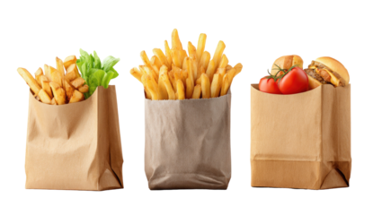 Three brown paper bags with french fries, lettuce, and burgers