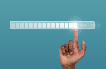 A digital hand interacts with a glowing loading bar, symbolizing technological progress, innovation,