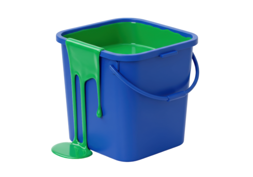 Isolated blue bucket of green paint spilling down the side of the pail, fresh and new, 3d render - Powered by Adobe
