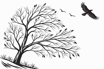 Windswept Tree and Flying Eagle Silhouette Vector - Monochrome Graphic