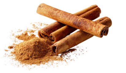 Warm, aromatic cinnamon sticks and powder on a dark background