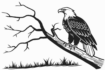 Windswept Tree and Flying Eagle Silhouette Vector - Monochrome Graphic