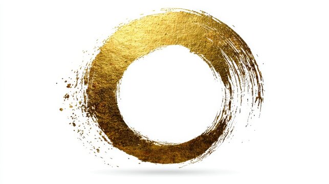 Golden enso circle stroke representing enlightenment, universe, and absolute void, brush paint texture on white abstract background for zen meditation concept