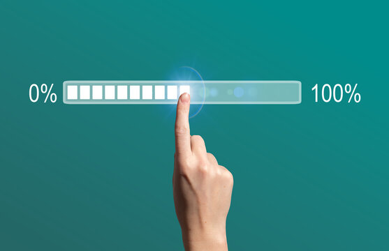 A glowing digital loading bar reaching 100 percent symbolizes completion, technological efficiency,