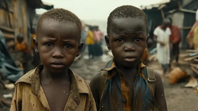 Two children with serious expressions stand among ruined buildings, emphasising the tragedy of social inequality and poverty, which is relevant for illustrations for charity campaigns or as a backdrop