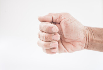 Close up of senior man hand holding something isolated on white background.