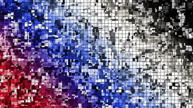 Abstract blue pixel mosaic texture blending into monochrome digital pattern.