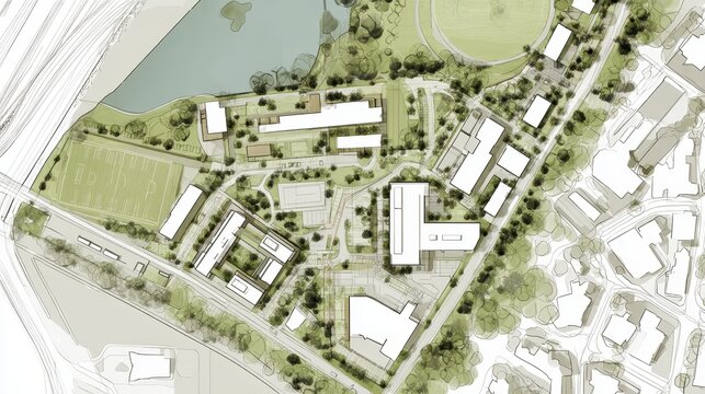 Urban planning conceptual rendering showcasing a master plan for a sustainable green residential and commercial development with buildings, roads, parks, and a lake