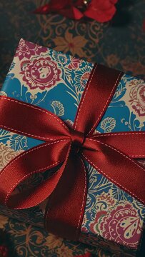 Vertical video: Entering view hands pressing ribbon loops undoing knot on present at home to unwrap