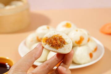 Traditional Chinese Steamed Buns with Sweet Filling - Authentic Asian Breakfast Food