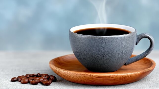 A steaming cup of dark black coffee sits on a wooden saucer next to a pile of roasted coffee beans, set against a softly blurred blue background.
