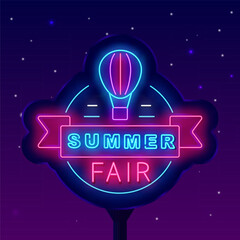 Summer fair neon street billboard. Glowing outdoor advertising. Family festival promotion. Vector stock illustration