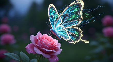 Glowing butterfly resting on a pink rose with a blurred background of other roses in soft focus