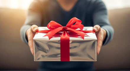 Offering a beautifully wrapped silver gift box with a red bow, symbolizing generosity and appreciation