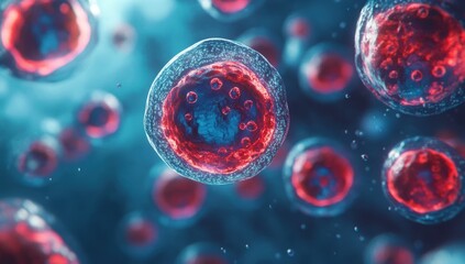 The image depicts a scientific illustration of cells in a fluid environment, emphasizing their structure and vibrant coloration.