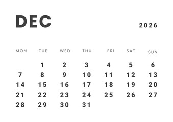 Monthly page Calendar Planner Template design of December 2026. Vector layout of calendar with week start Monday for Scheduling. Page for size A4 or 21x29.7 cm