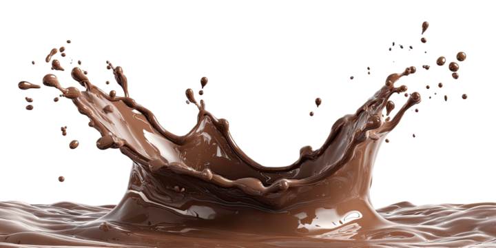 A dynamic chocolate splash frozen in time against a black background
