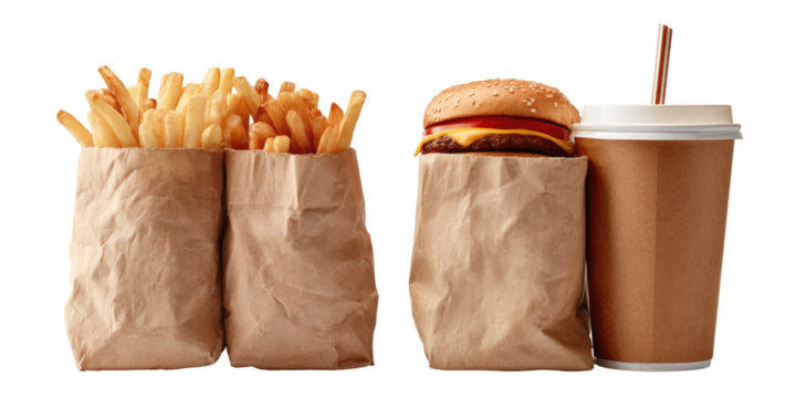 A fast-food meal with fries, burger, and a drink in paper bags