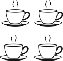 Minimalist Vector Outline Illustration of Four Steaming Hot Coffee or Tea Cups with Saucers, Ideal for Cafe and Beverage Designs