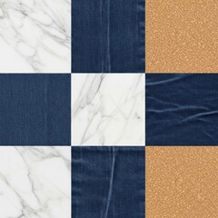 Fototapeta premium A checkerboard pattern composed of marble, denim, and cork textures