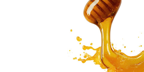 Golden honey dripping from wooden dipper in a splash