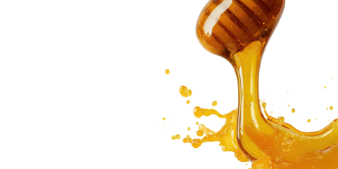 Golden honey dripping from wooden dipper in a splash