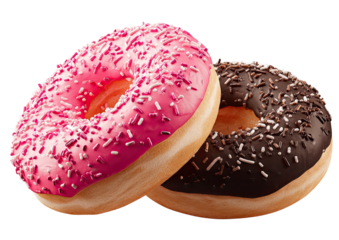 Two frosted ring-shaped pastries with colorful sprinkles