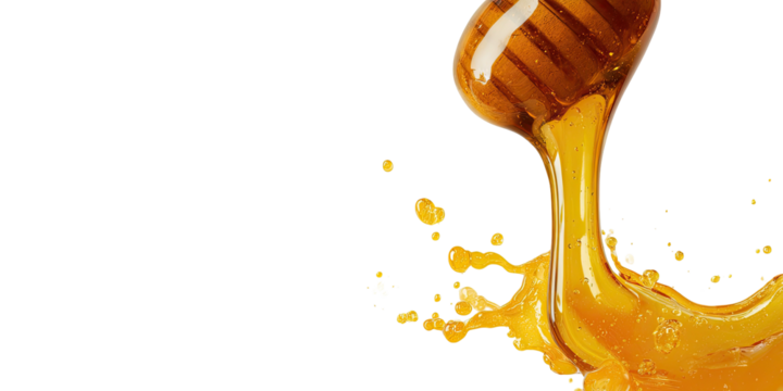 Golden honey dripping from wooden dipper in a splash