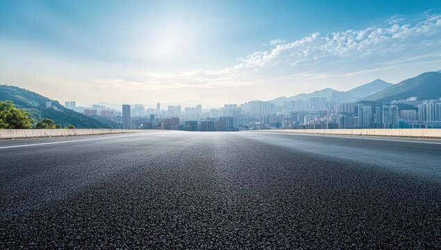 A serene urban landscape featuring a smooth asphalt road leading towards distant mountains and a skyline under a bright blue sky.