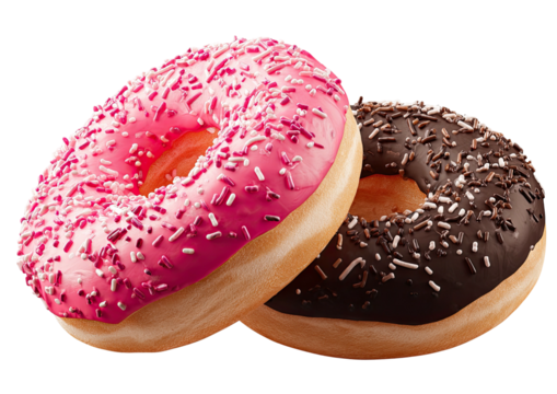 Two frosted ring-shaped pastries with colorful sprinkles