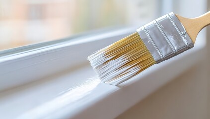 A paintbrush applying fresh white paint to a window sill, showcasing a home improvement or DIY project focused on interior aesthetics.