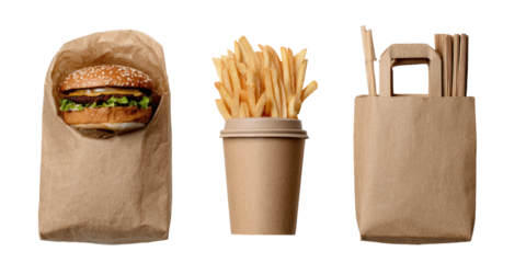 Three paper bags with fast food items burger, fries, and more bags