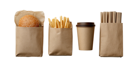 Fast food items in brown paper packaging on a black background
