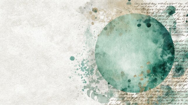 Abstract watercolor circle with flowing teal paint splashes and subtle bronze accents on textured paper, blending artistic techniques with faded manuscript script