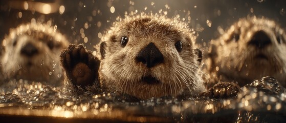 Adorable otters: a celebration of youthful curiosity and joyful play. High-end fashion. Young otters gleefully splashing as sunlight dances on water. Opulent look. Fashion editorial.