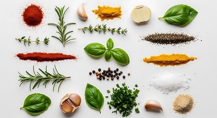 A variety of fresh herb and spice ingredients.