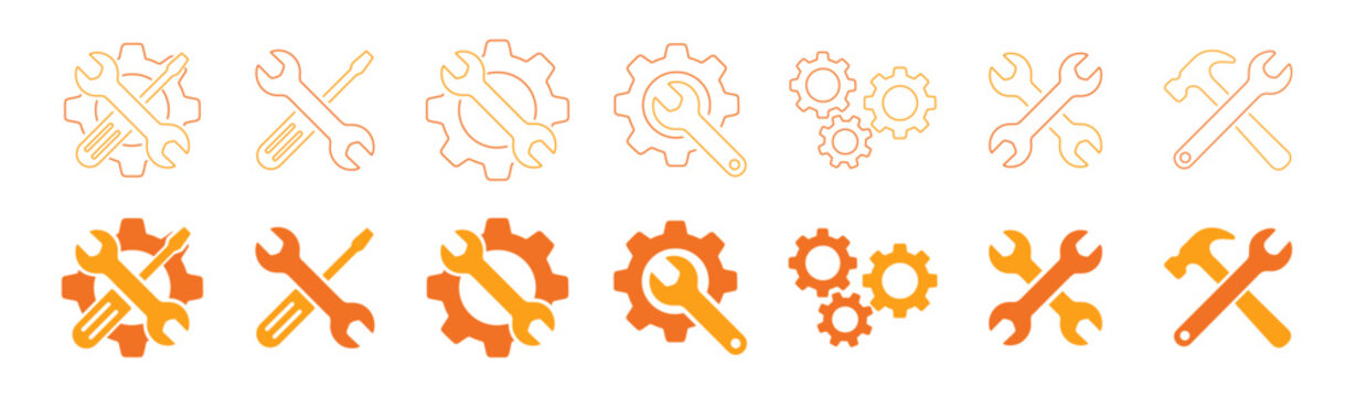 Set of orange repair and maintenance tool icons with wrench screwdriver and gear symbol vector illustration on transparent background
