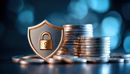 A shield with a padlock in front of stacked coins, symbolizing security and finance in a modern, digital context.