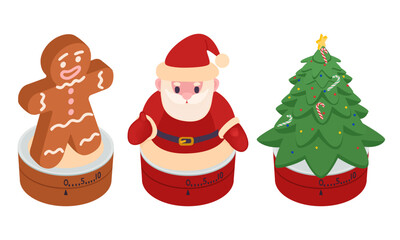Kitchen timer set with gingerbread man, Santa Claus and Christmas tree - hand drawn isometric vector illustration.